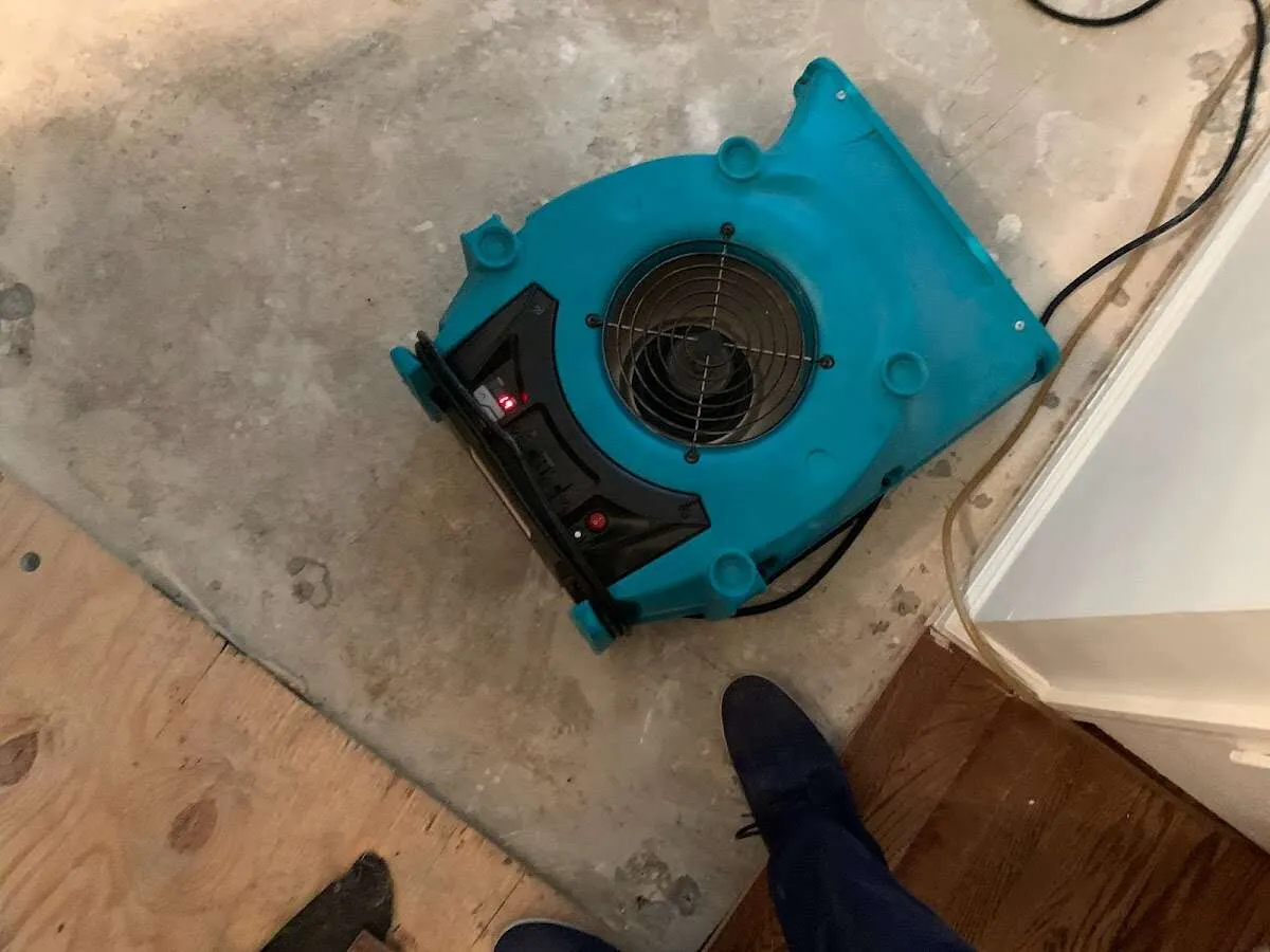 Air mover drying subfloor during Leak Detection & Repair in Clawson